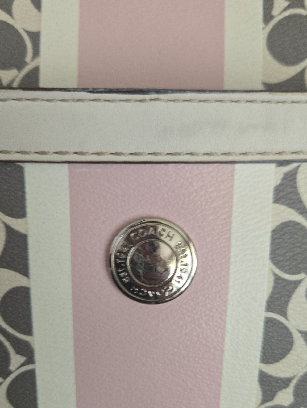 Coach Gray Signature Tote with Pink Stripe and White Trim - Picture 2 of 9